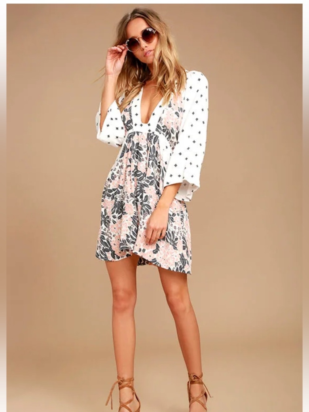 Free People Boho Mixed Print Mini Dress | Floral + Geo | Long Sleeve Babydoll - Picture 2 of 6